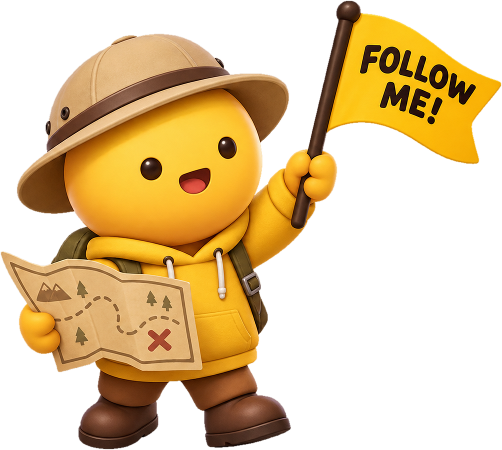 Mustard as a tour guide holding a Follow Me flag and a map